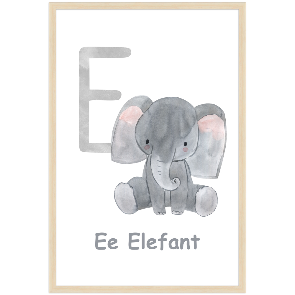 Poster des Buchstaben E mit Illustration eines Elefanten