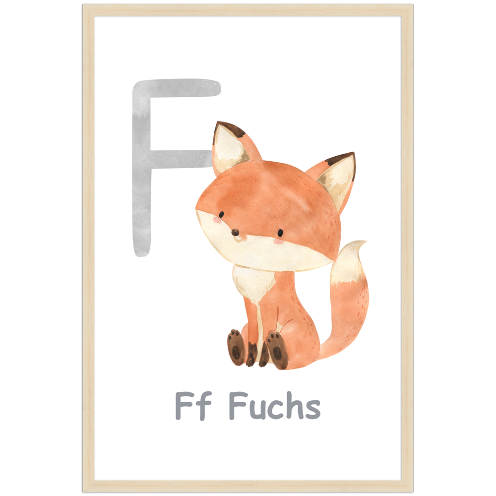 Poster des Buchstaben F mit Illustration eines Fuchses