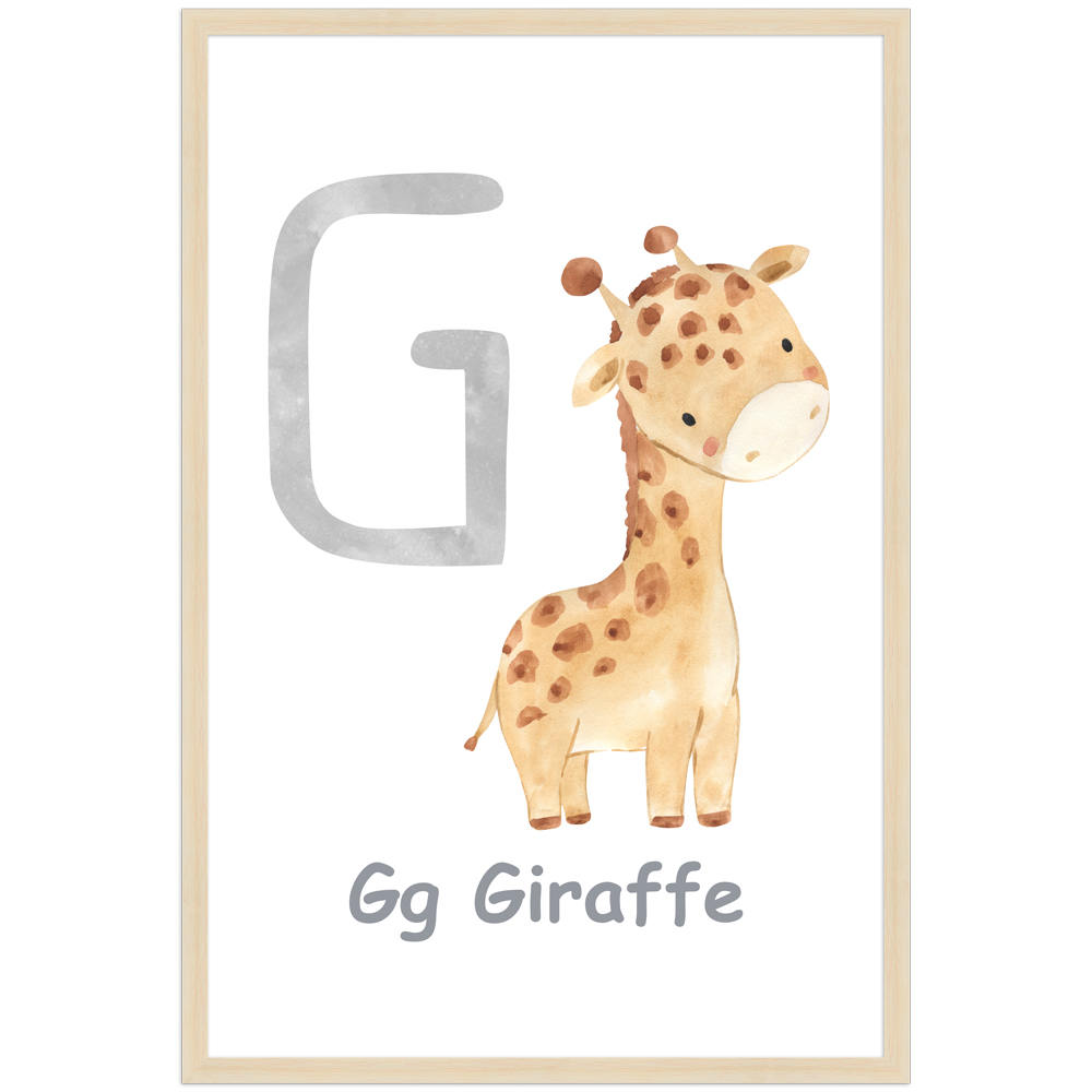 Poster des Buchstaben G mit Illustration einer Giraffe