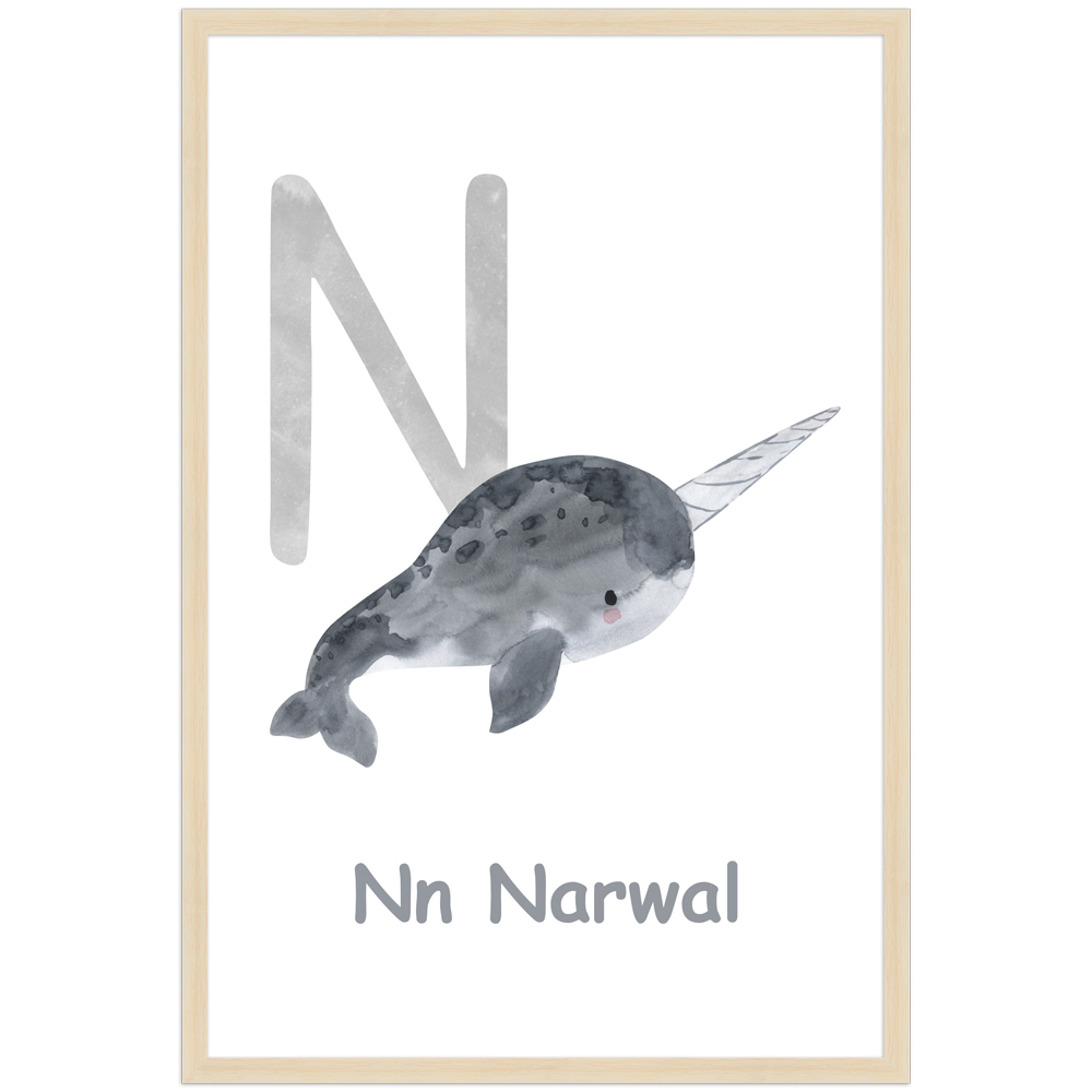 Poster des Buchstaben N mit Illustration eines Narwals