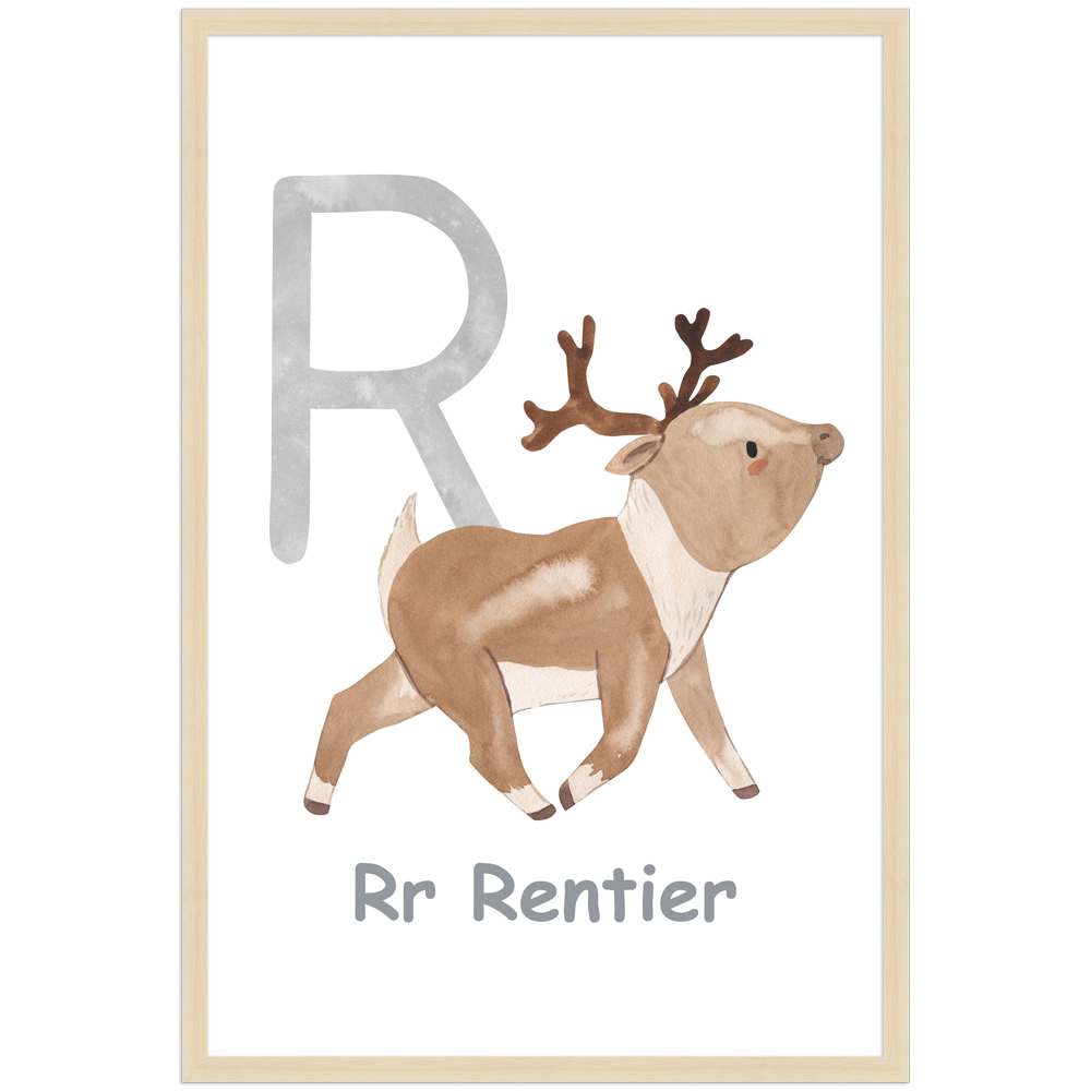 Poster des Buchstaben R mit Illustration eines Rentiers