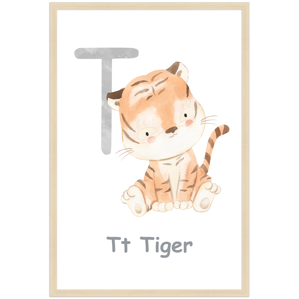 Poster des Buchstaben T mit Illustration eines Tigers