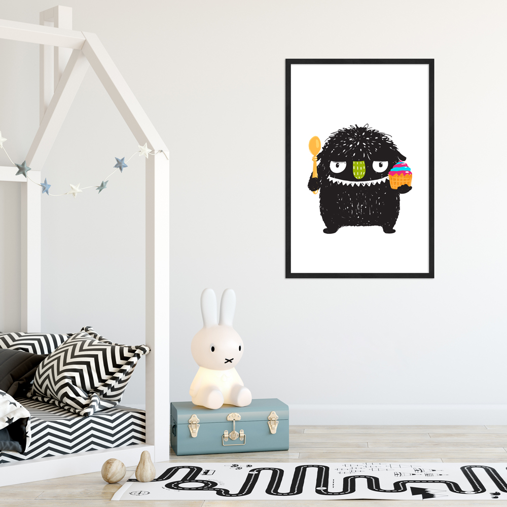 Kinderzimmer dekoriert mit 40x60 Poster "Monsterchen bäckt"