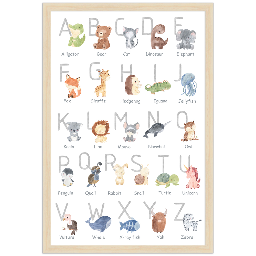 Alphabet Poster Englisch mit Holzrahmen in 30x45 cm 30x45 Poster des englischen Alphabets mit Tier Illustrationen