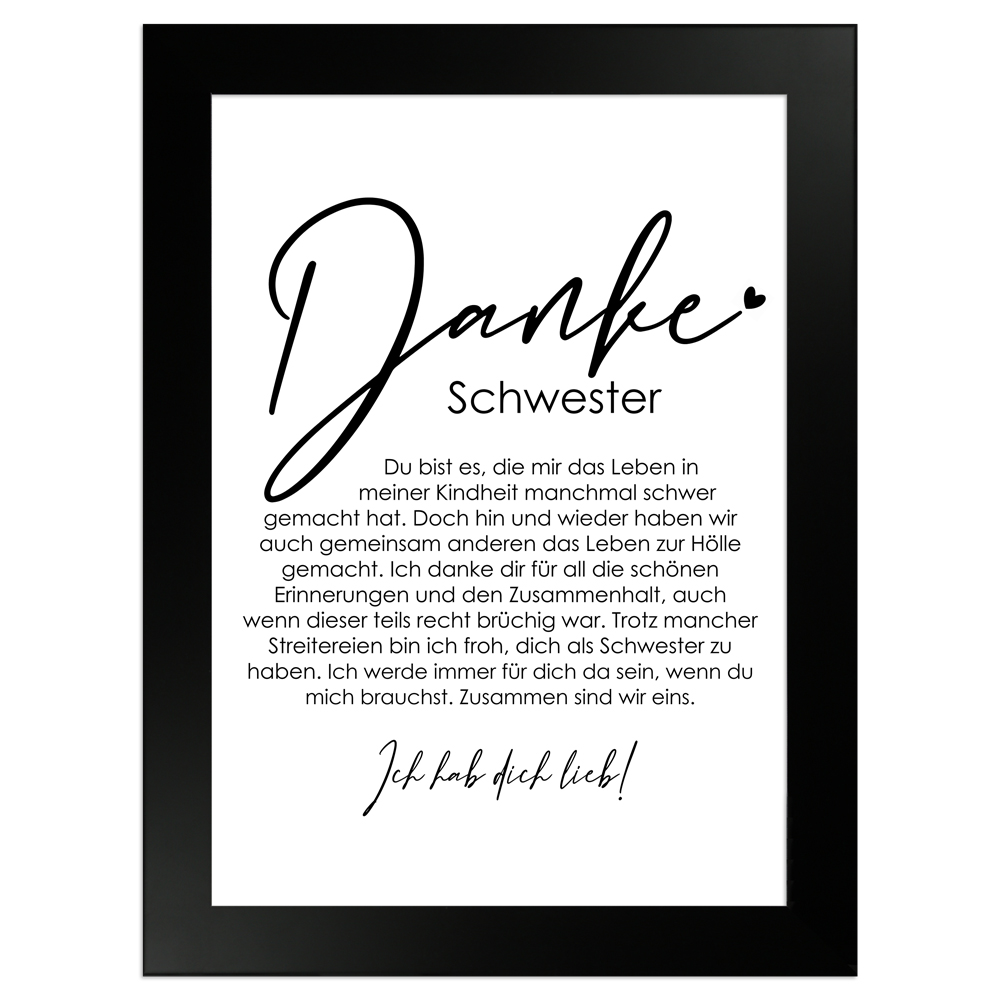 13x18 cm Danke Poster "Danke Schwester" in schwarzem Rahmen