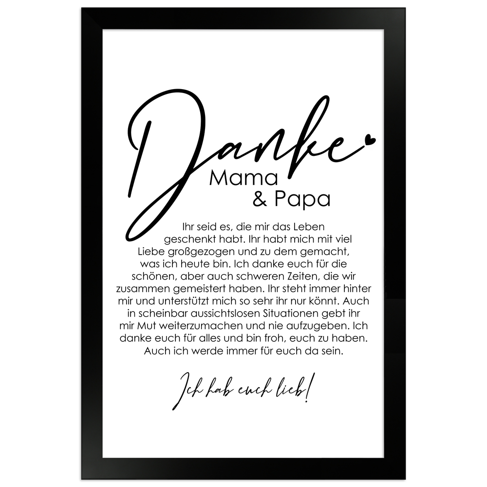 20x30 cm Danke Poster "Danke Mama und Papa" in schwarzem Rahmen