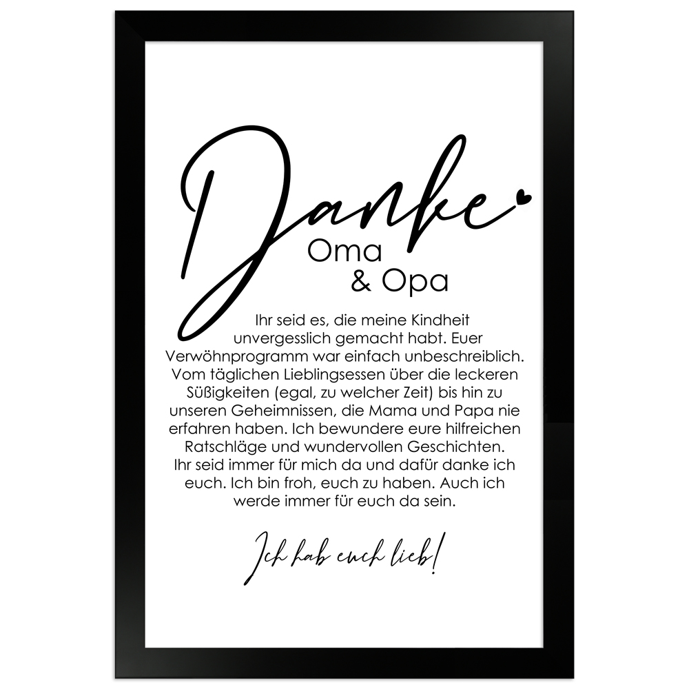 20x30 cm Danke Poster "Danke Oma und Opa" in schwarzem Rahmen