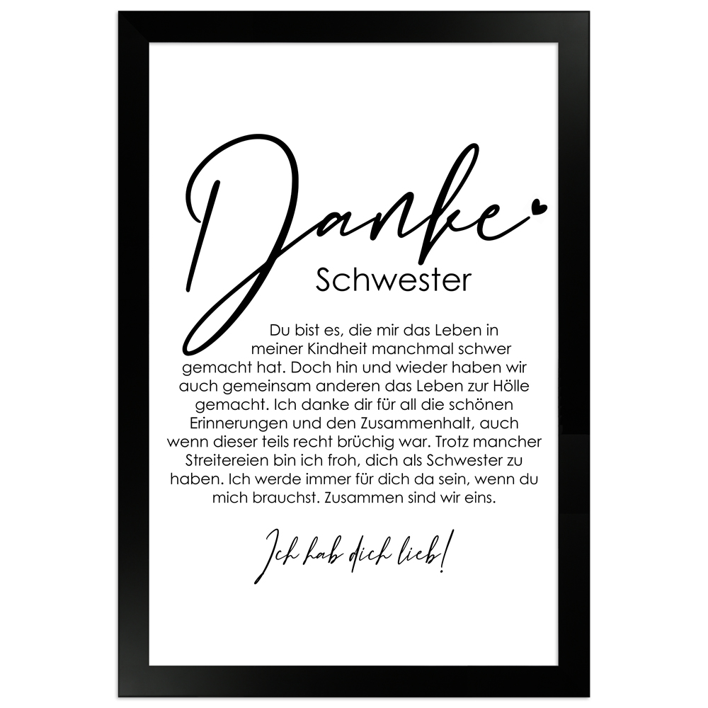 20x30 cm Danke Poster "Danke Schwester" in schwarzem Rahmen