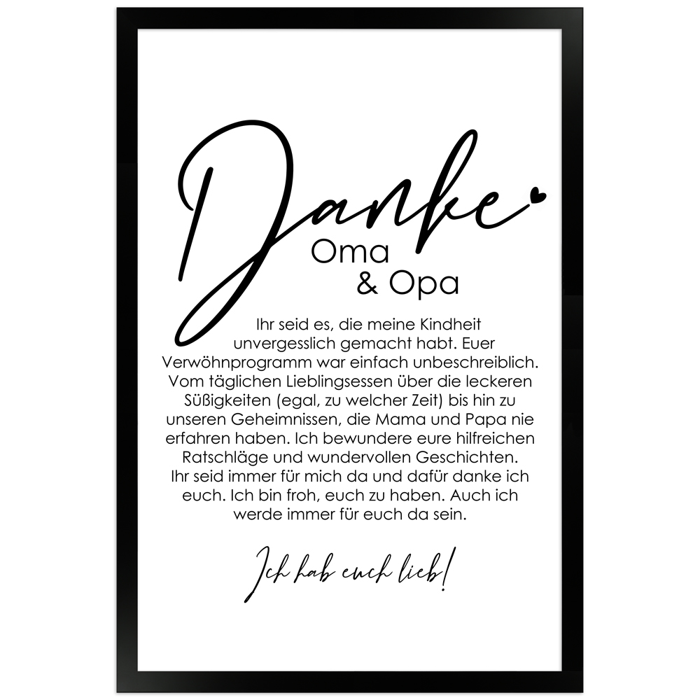 30x45 cm Danke Poster "Danke Oma und Opa" in schwarzem Rahmen