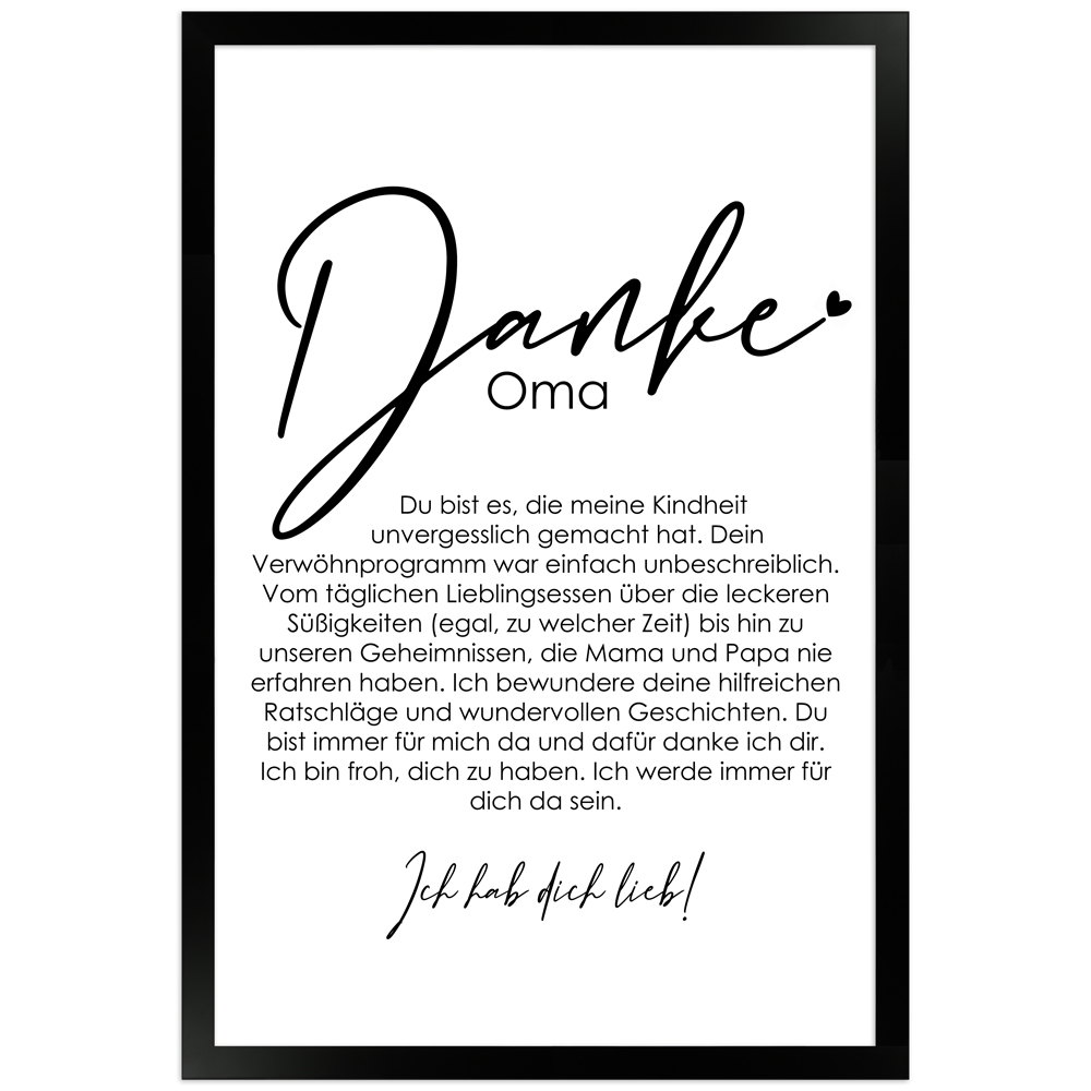 30x45 cm Danke Poster "Danke Oma" in schwarzem Rahmen