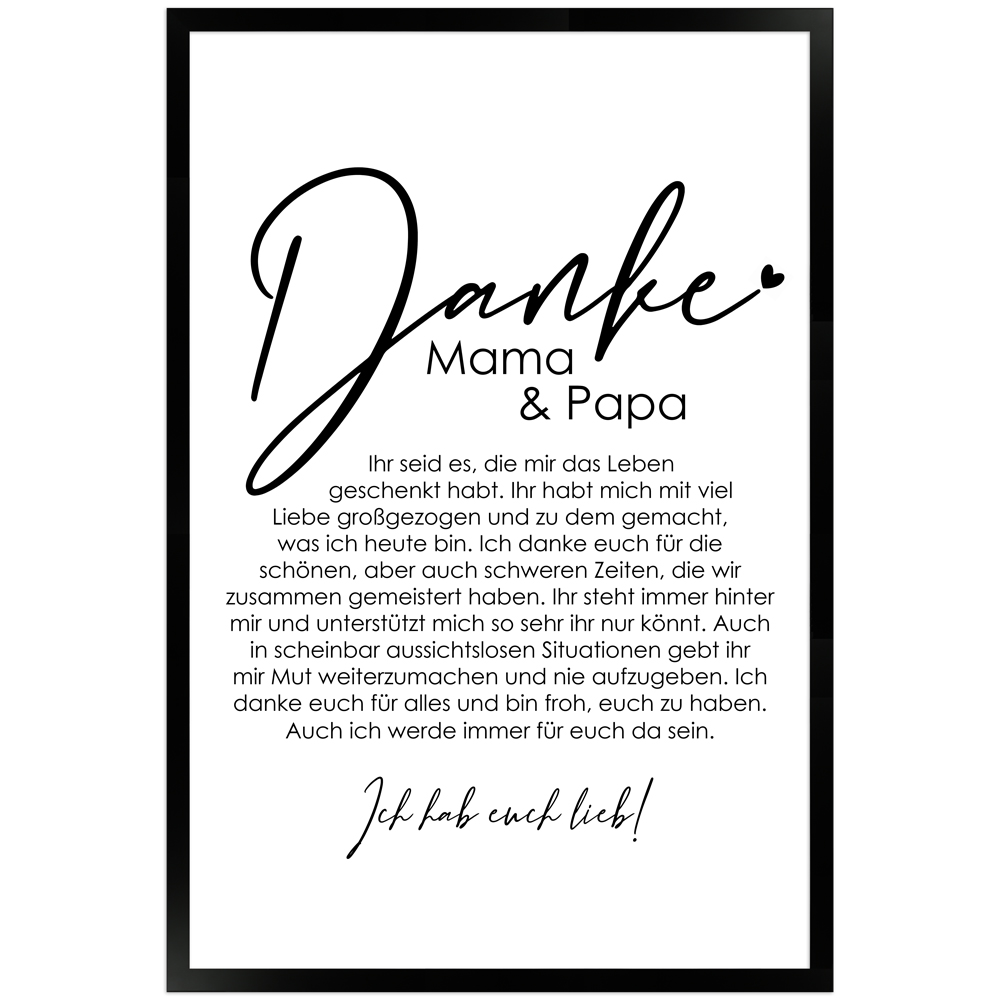 40x60 cm Danke Poster "Danke Mama und Papa" in schwarzem Rahmen