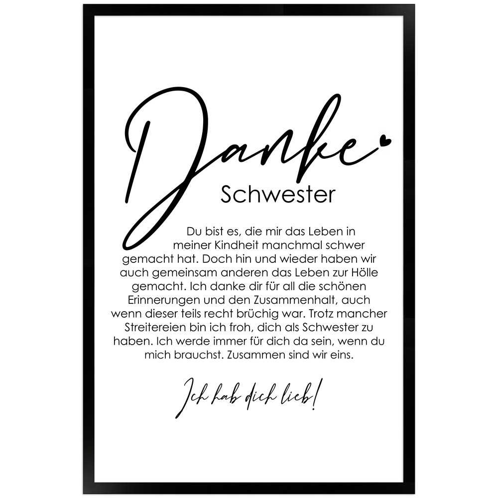 40x60 cm Danke Poster "Danke Schwester" in schwarzem Rahmen