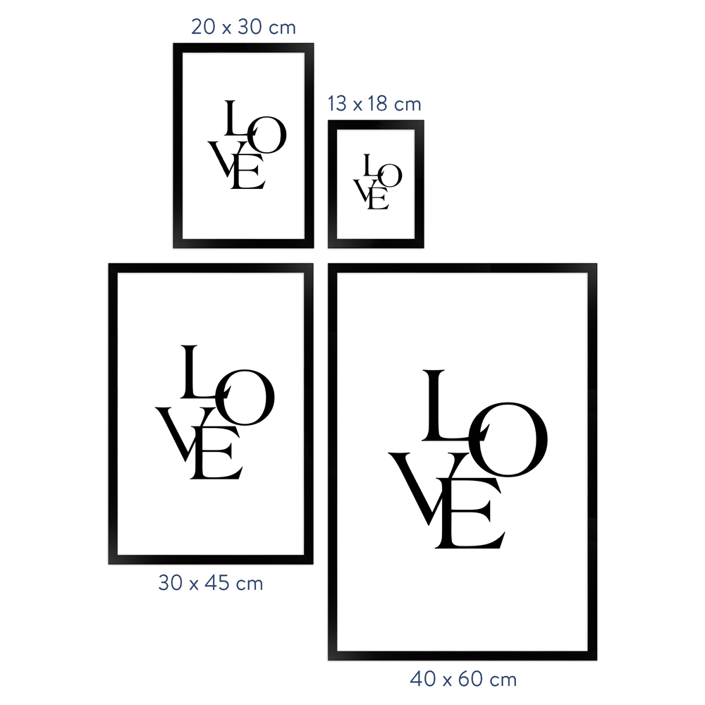 Größenübersicht Liebesposter "Love No 1" in schwarzem Rahmen