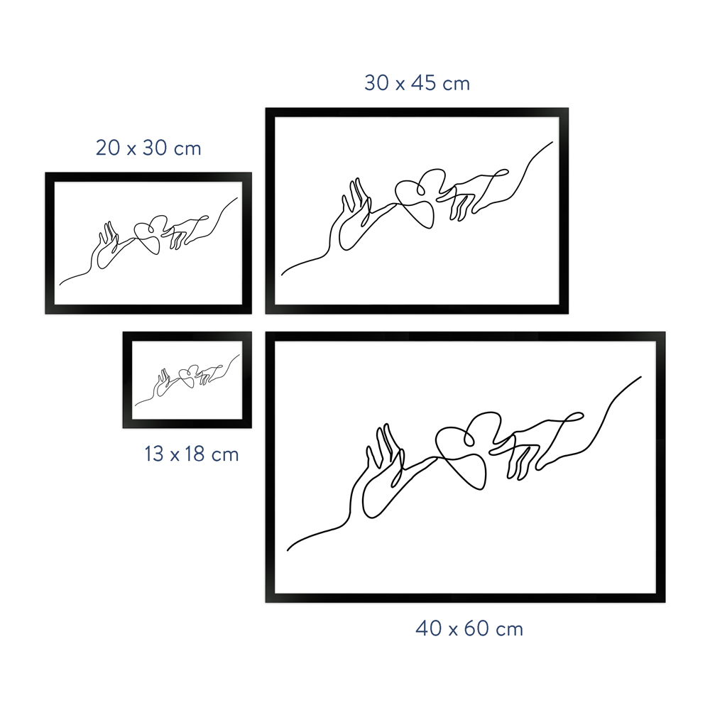 Line Art Hände - Poster mit Holzrahmen Größenübersicht Liebesposter "Line Art Hände" in schwarzem Rahmen