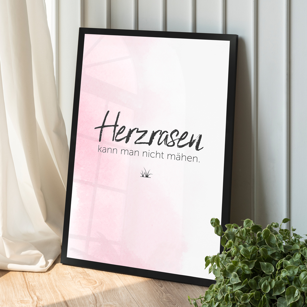 Dekoration rosafarbenes Poster "Herzrasen" in schwarzem Holzrahmen