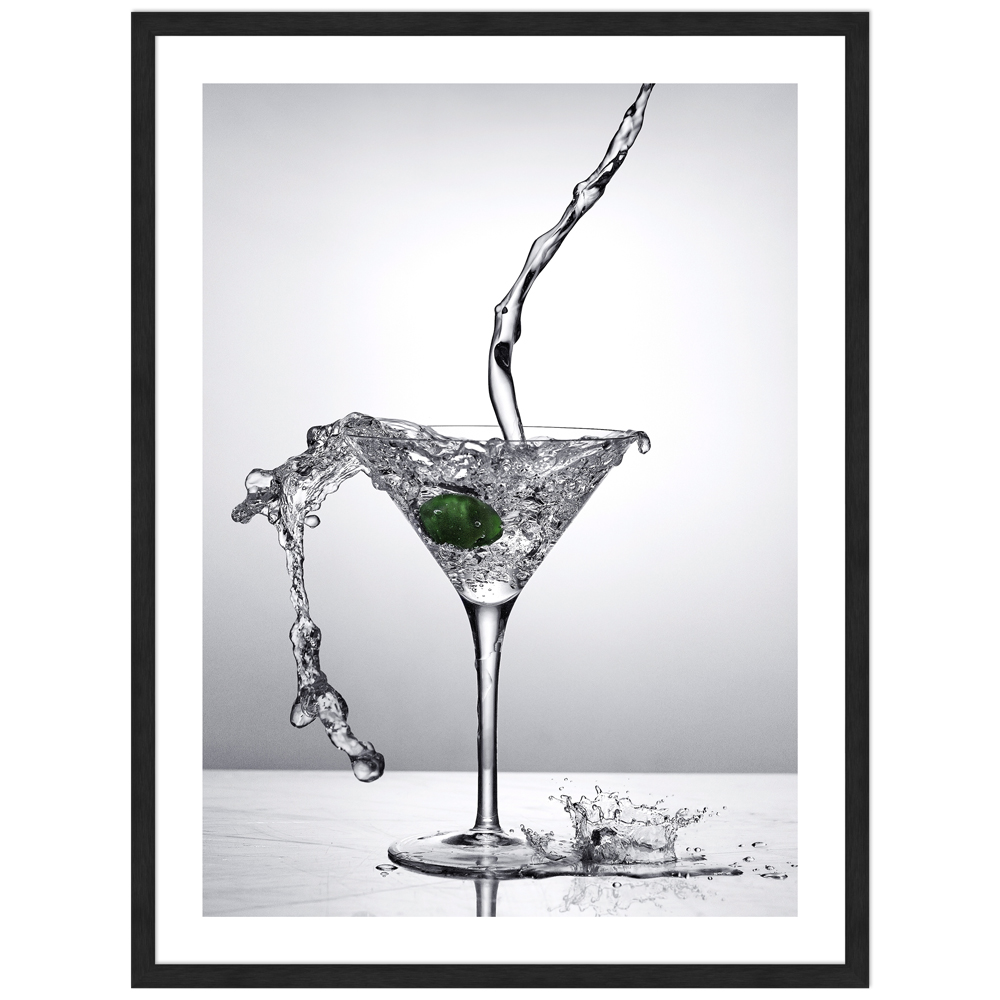 Cocktail Poster "Splashing glass" in schwarzem Rahmen
