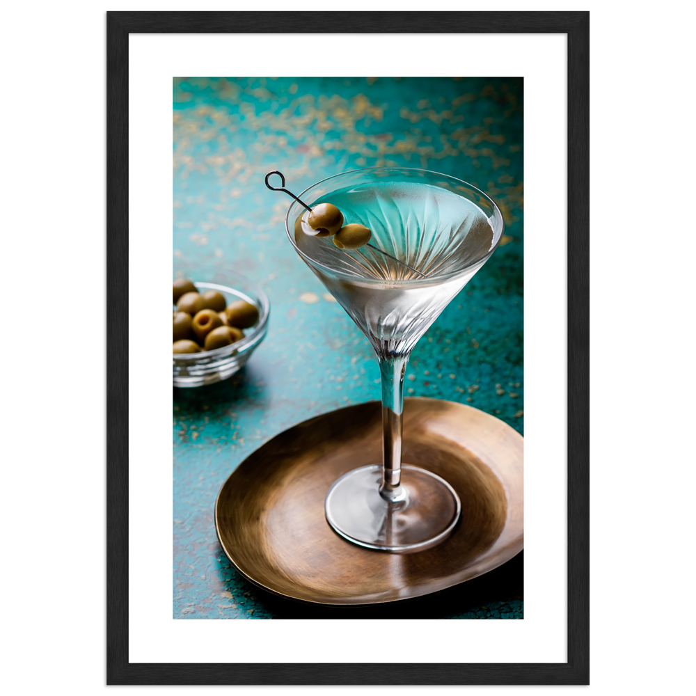 Cocktail Poster "Dry Martini cocktail" in schwarzem Rahmen