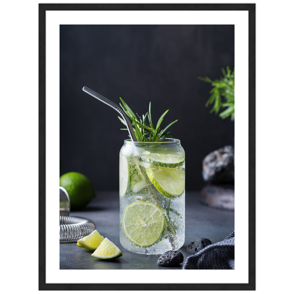 30x40 cm Cocktail Poster "Rosemary summer" in schwarzem Rahmen