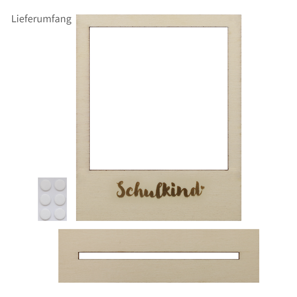 Lieferumfang Polaroid Bilderrahmen - Schulkind Schulkind - Polaroid Holzrahmen Lieferbestandteile