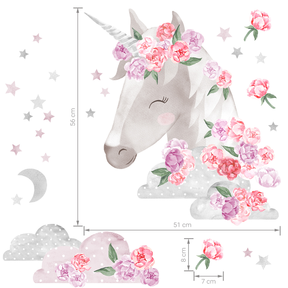 Größenabmessung rosafarbenes Einhorn Wandtattoo