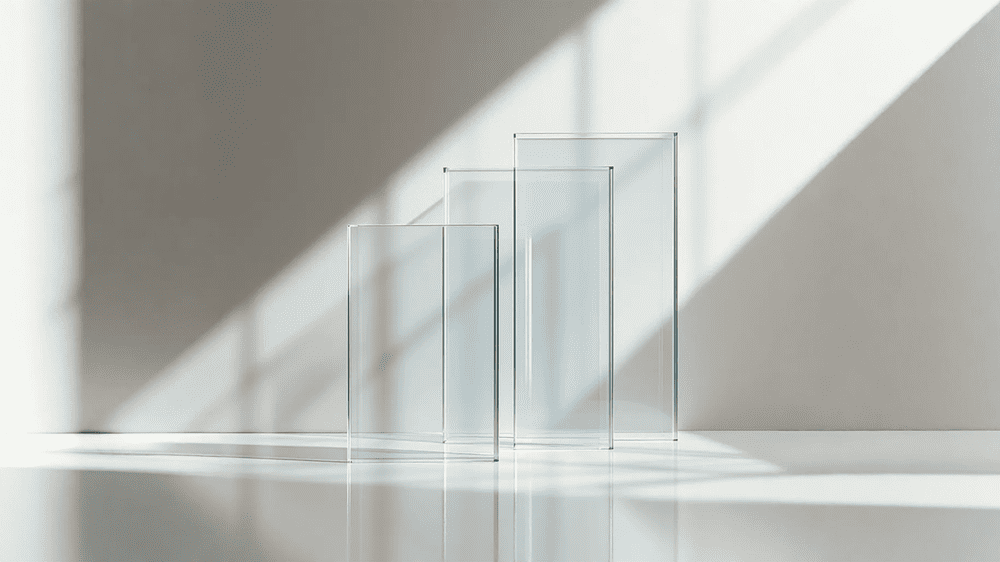 Glasarten Ausstellung 3 Glasscheiben stehen in einem weißen Raum zur Ausstellung