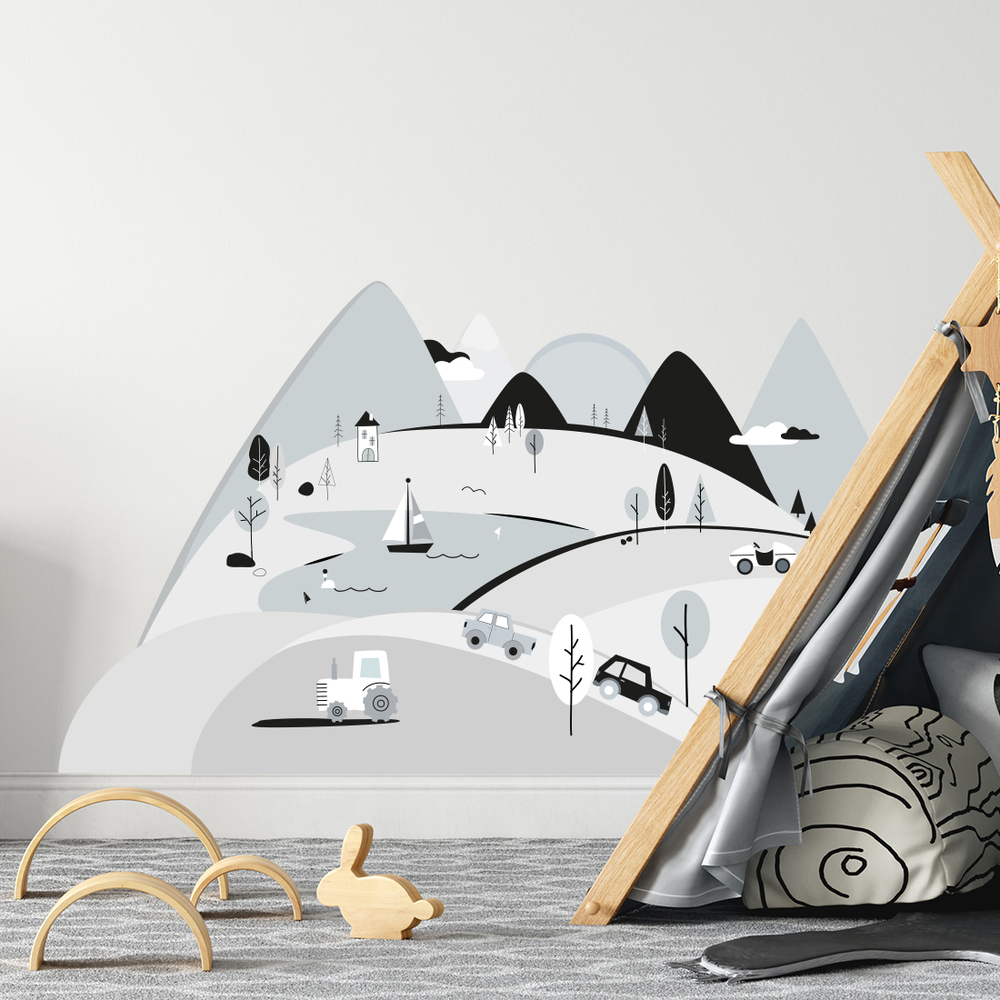 Kinderzimmer dekoriert mit grauem Berge Sticker
