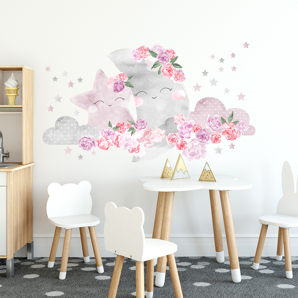 Wand dekoriert mit pinkem Mond Wandsticker