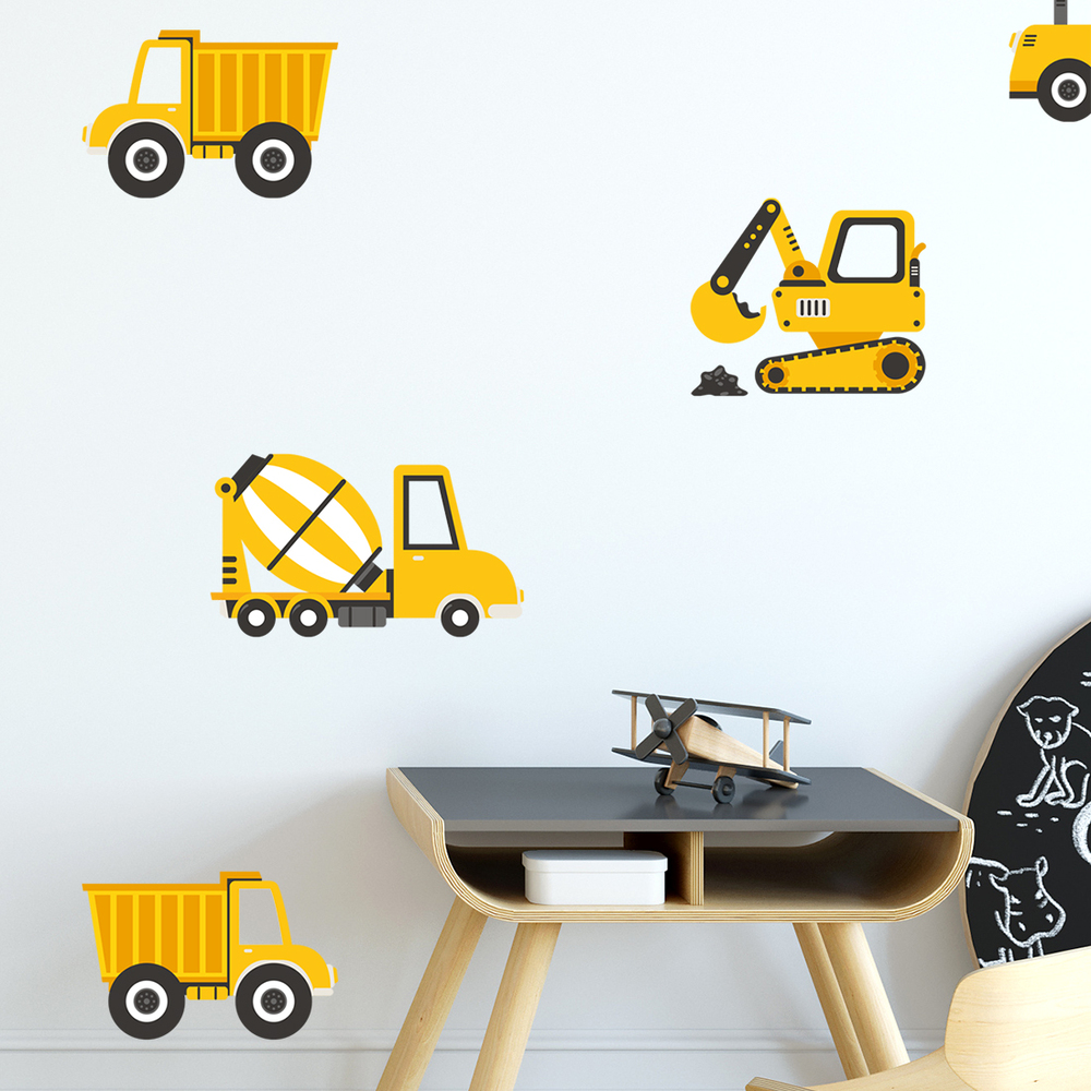 Kinderzimmer dekoriert mit gelben Baufahrzeug Stickern
