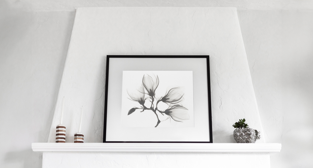 Moderner Bilderrahmen Quadratischer Bilderrahmen in schwarz mit einer Blume als Motiv