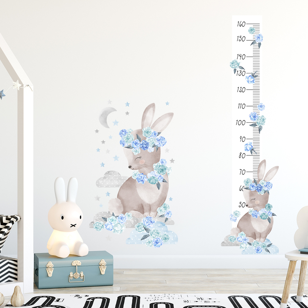 Wandaufkleber Motiv blaue Hasen Kindermesslatte