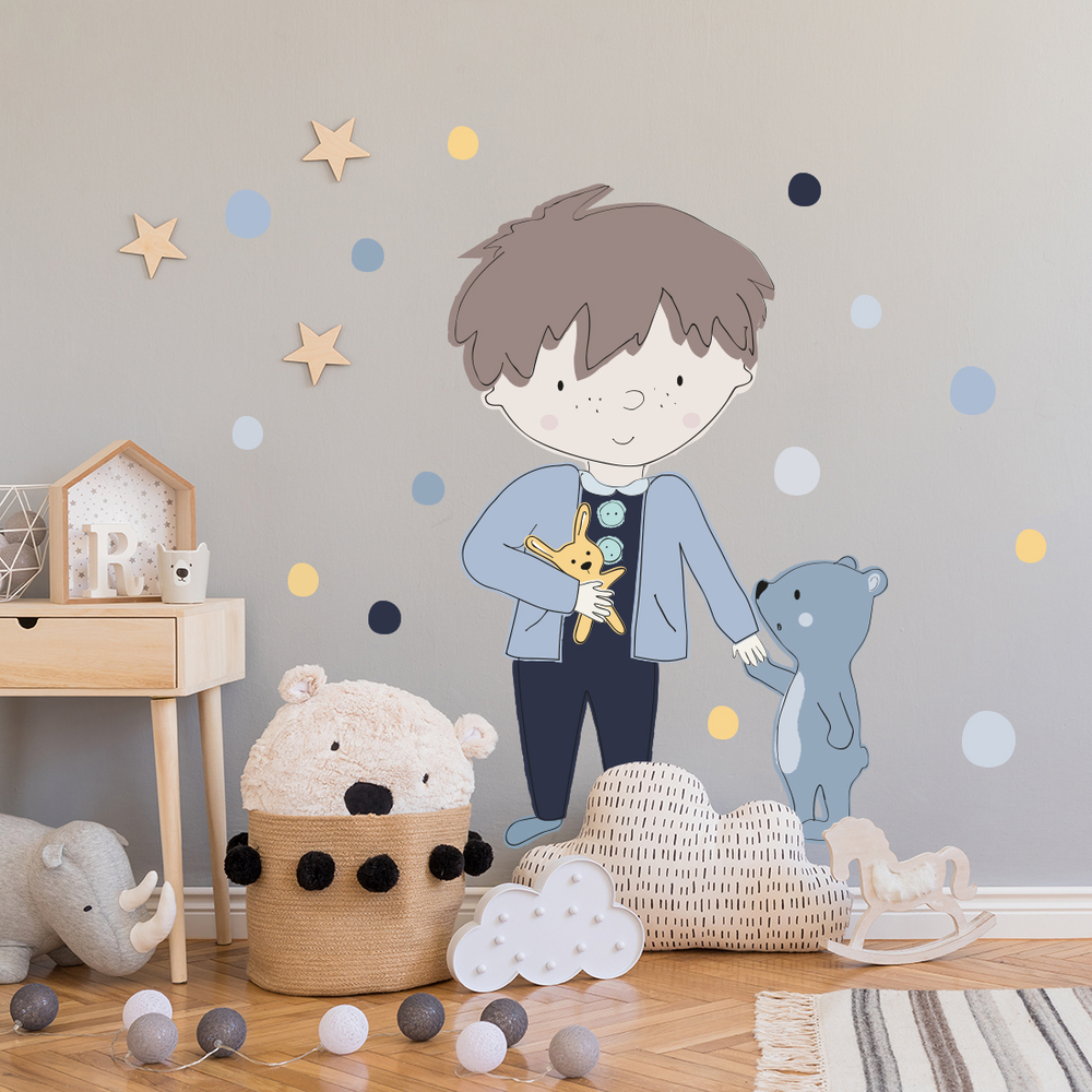 Wand dekoriert mit blauem Teddy Wandsticker