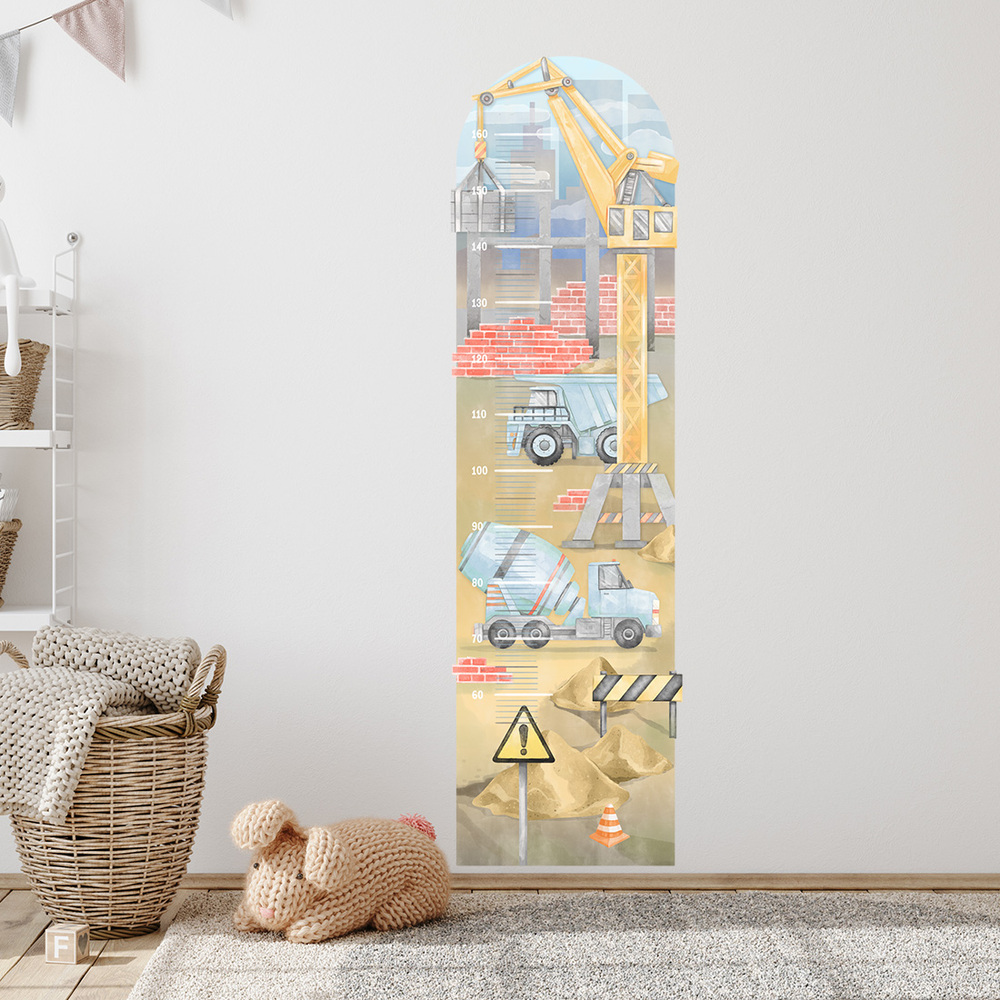 Kinderzimmer dekoriert mit blauem Baustelle Kindermesslatte Sticker