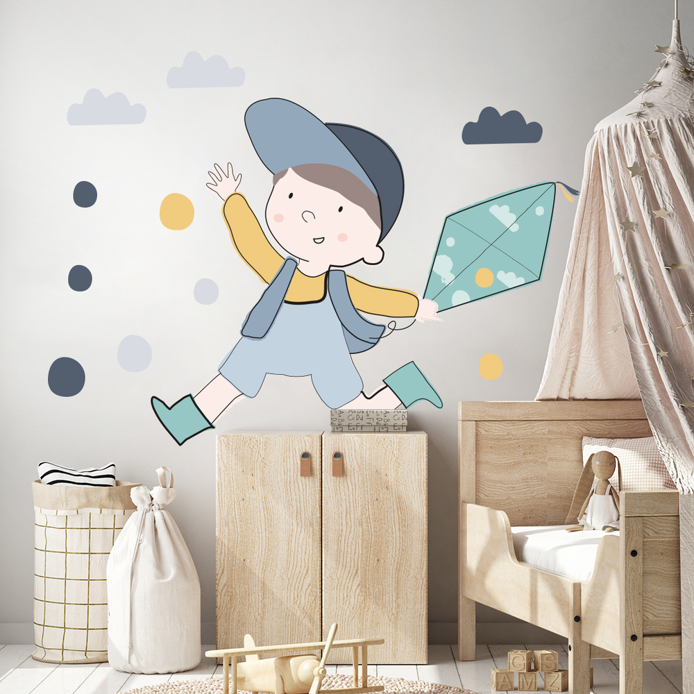 Wand dekoriert mit blauem Tim Wandsticker