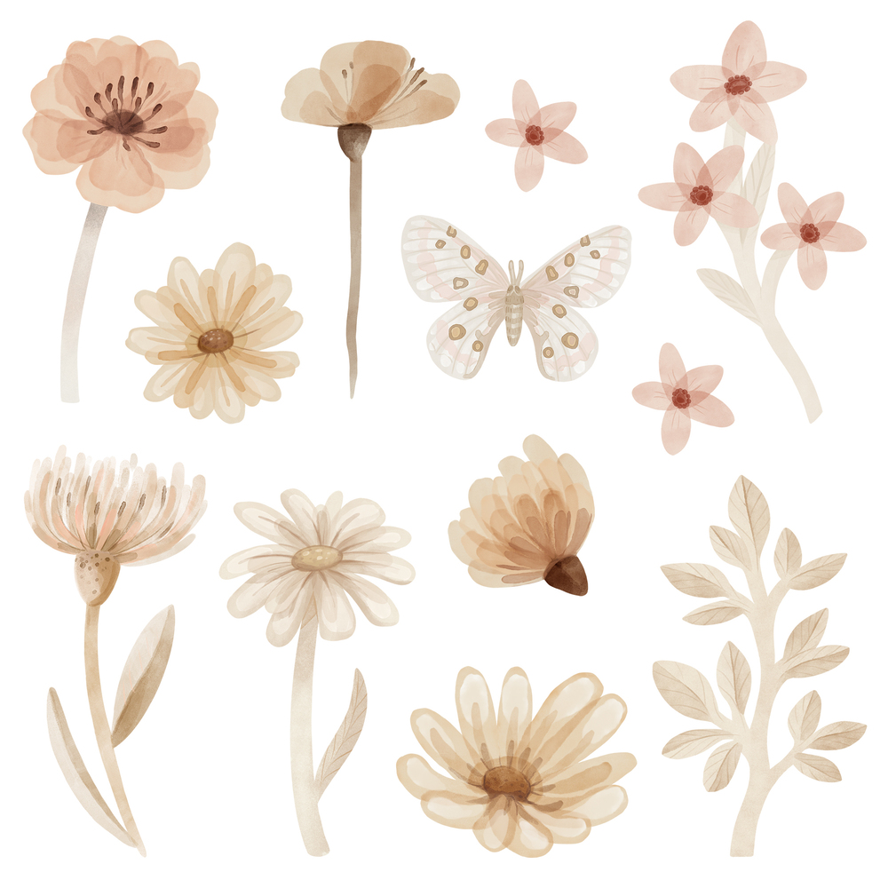 Wandtattoos von Schmetterlingen, Blumen und Wiese