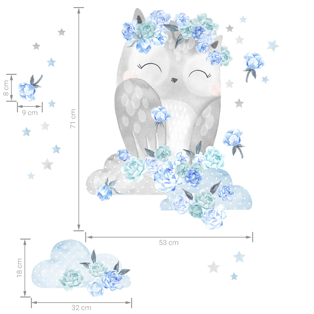 Größenabmessung blaue Eule Wandtattoo