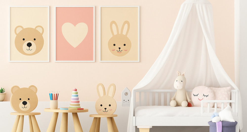 Trois cadres photo blancs style moderne Chambre d'enfant décorée avec des cadres blancs