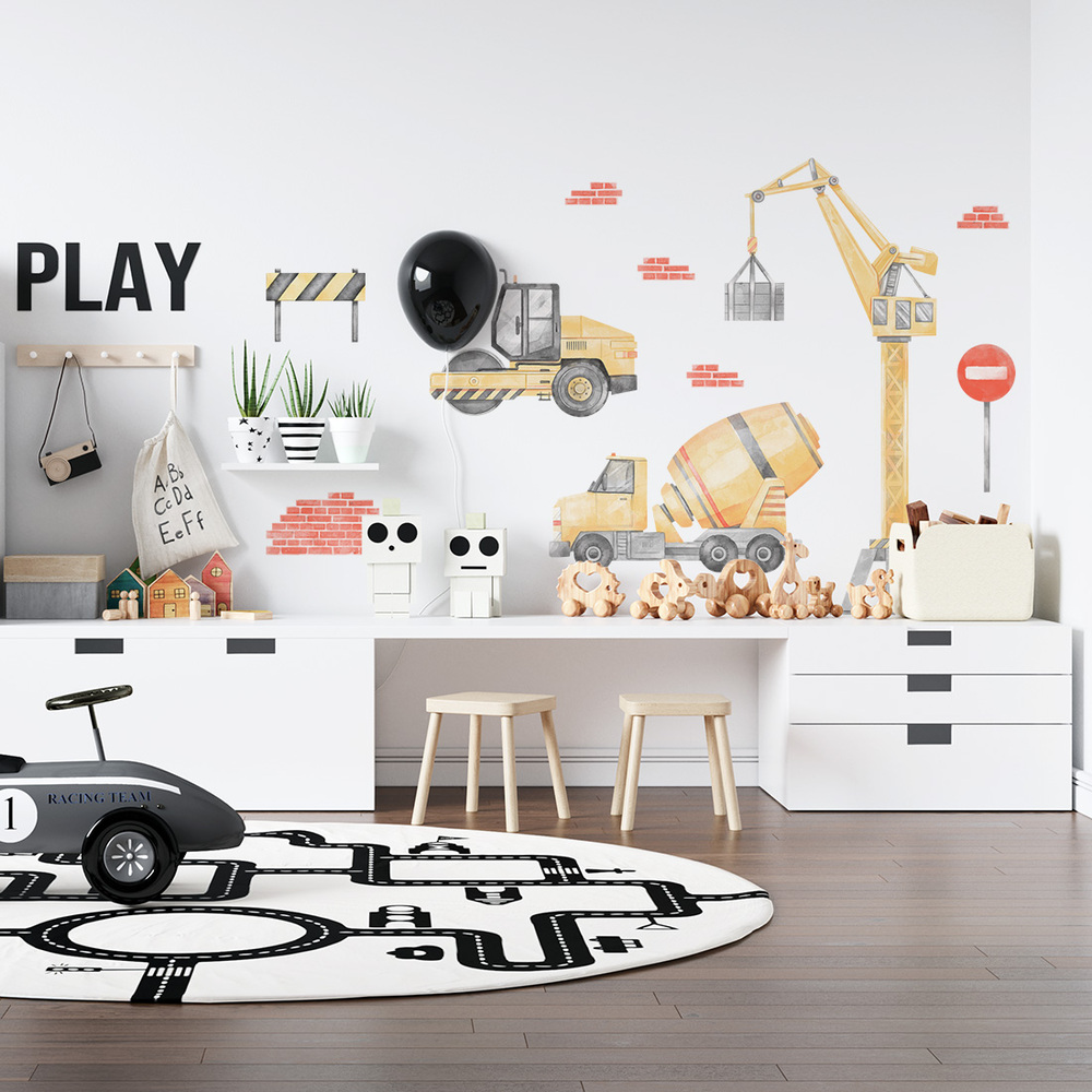 Kinderzimmer dekoriert mit gelbem Baustellen-Set I Sticker