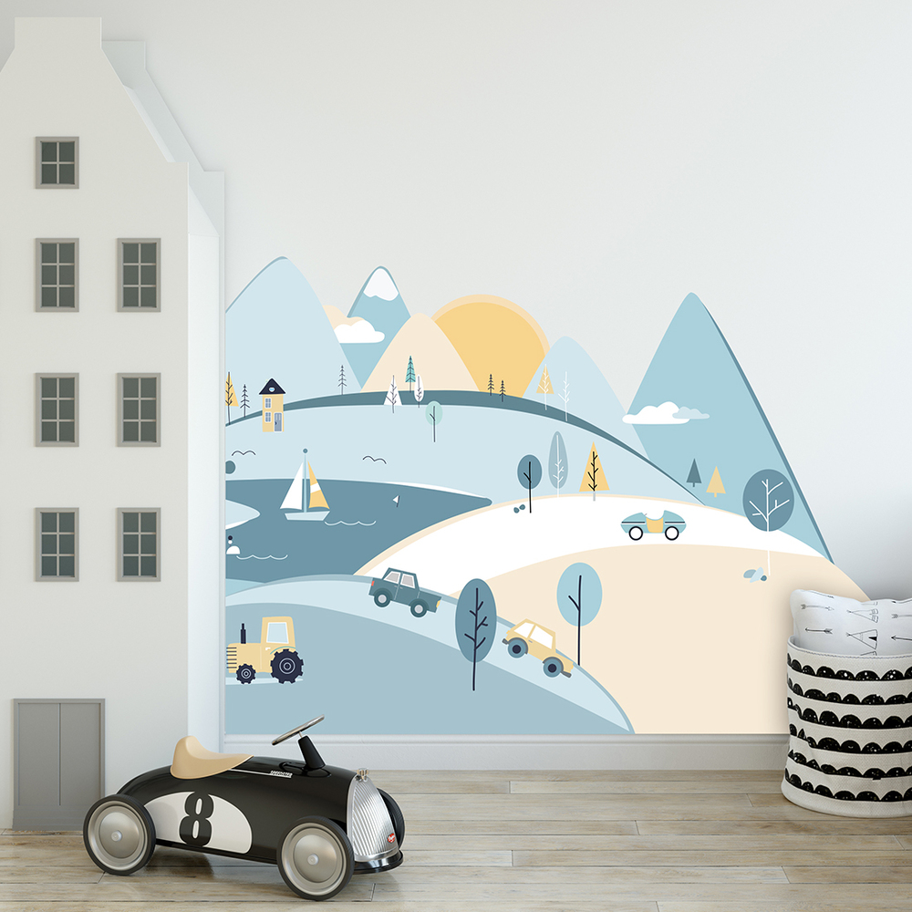 Wand dekoriert mit hellblauem Berge Wandsticker
