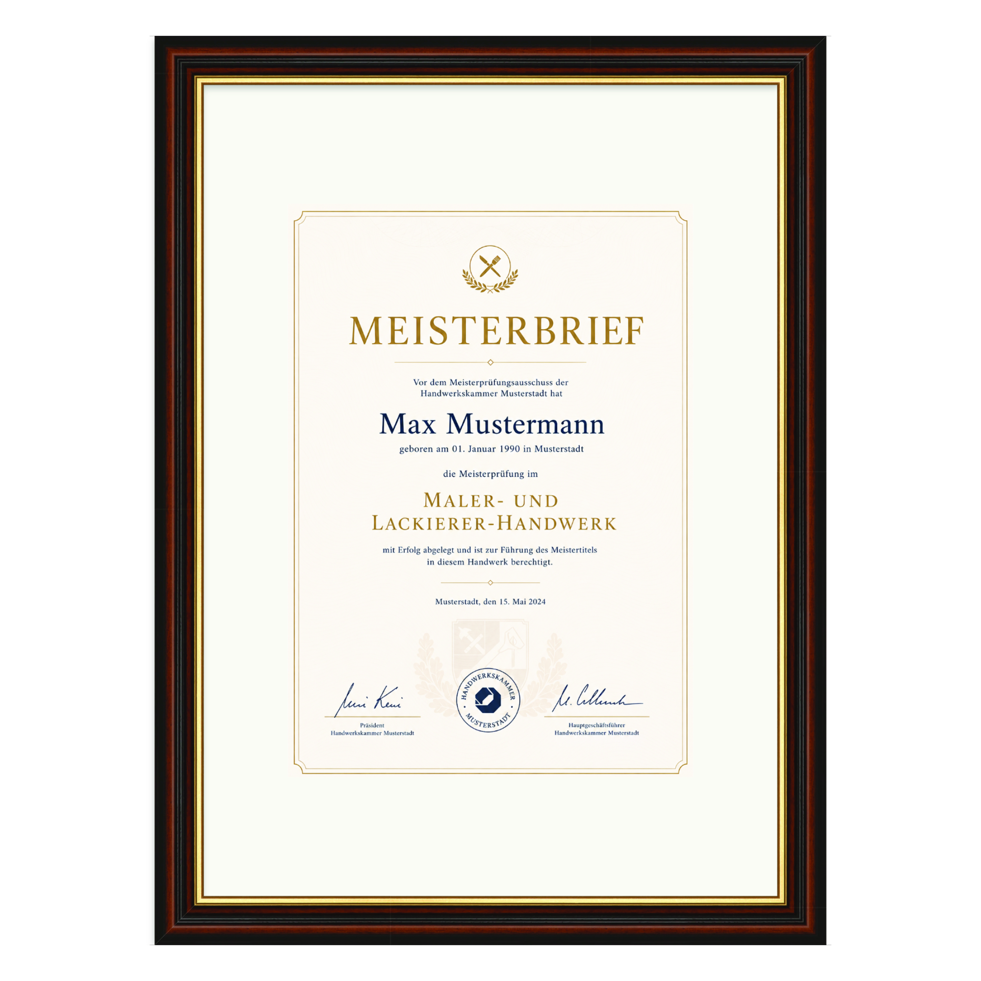 Meisterbrief-Rahmen H015 Braun mit Passepartout und gerahmtem Meisterbrief