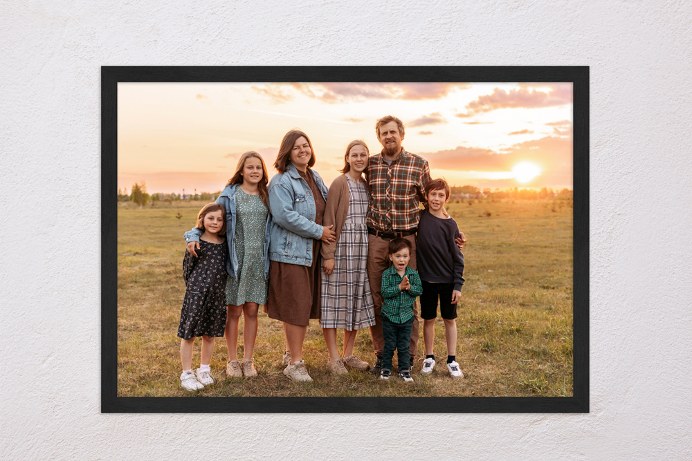 Familienfoto auf einem Feld Eine Familie fotografiert sich auf einem Feld