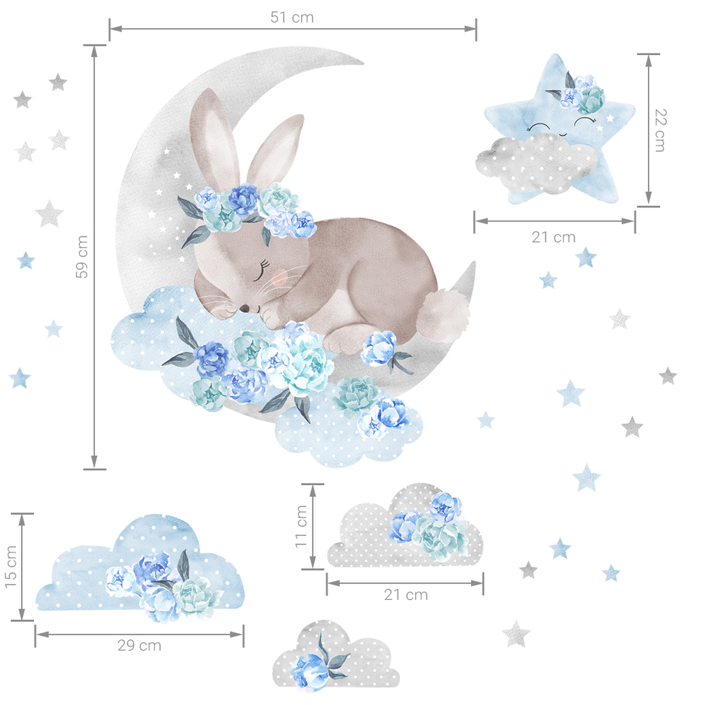 Größenabmessung schlafender Hase blaues Wandtattoo