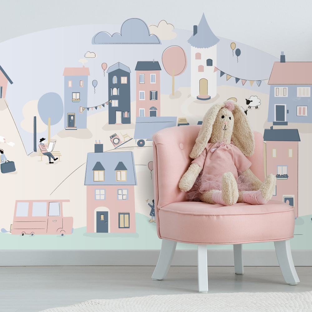 Wandaufkleber rosafarbene Kleinstadt Kinderzimmer dekoriert mit rosafarbenem Kleinstadt Sticker