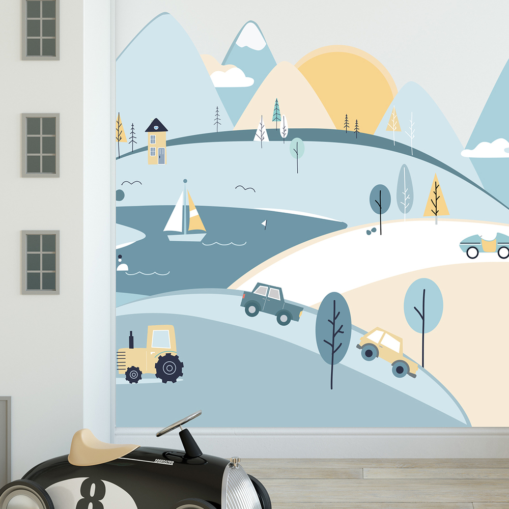hellblaue Berge Wandtattoo an Kinderzimmerwand