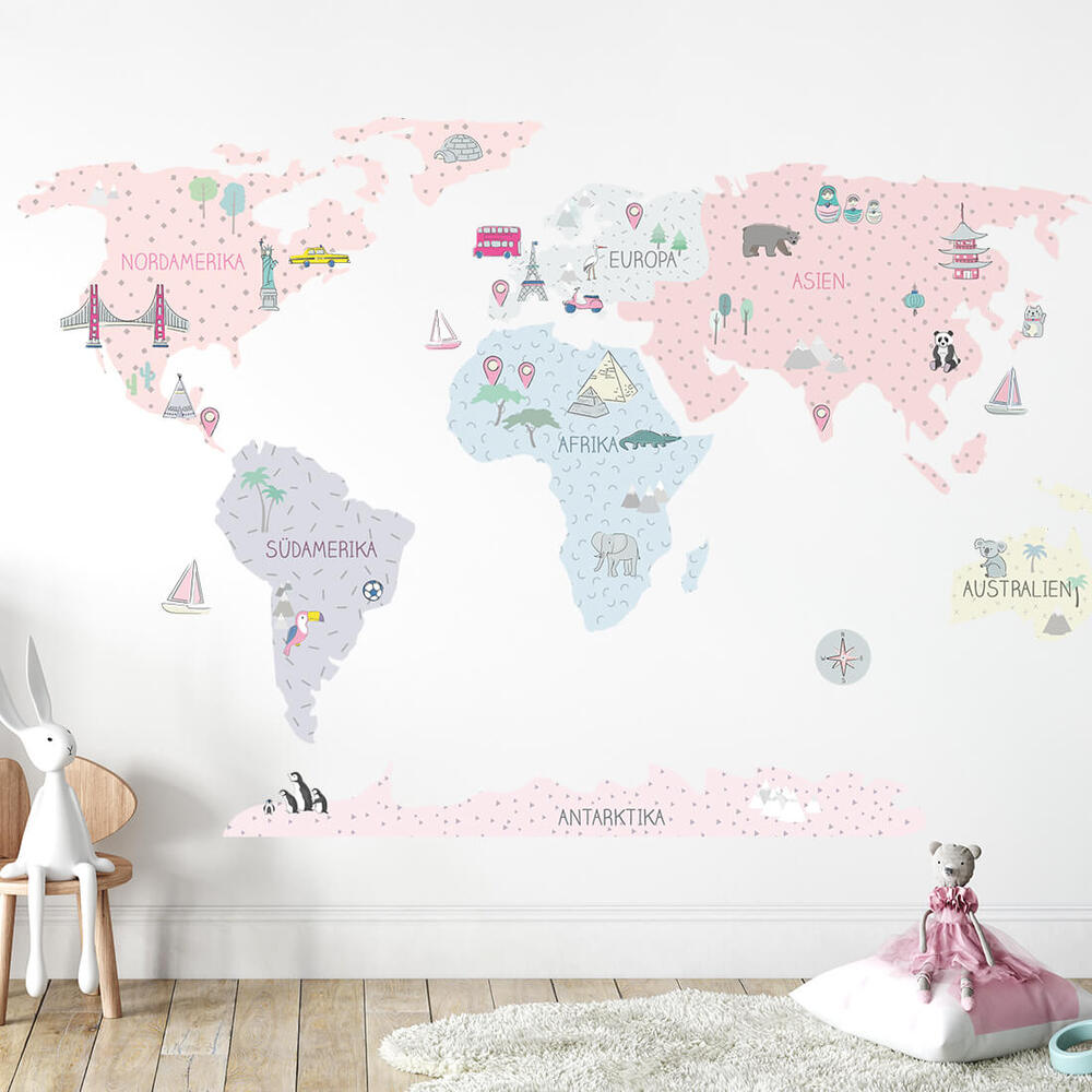 Sticker pinke beschriftete Weltkarte für Wand Wand dekoriert mit pinker beschrifteter Karte