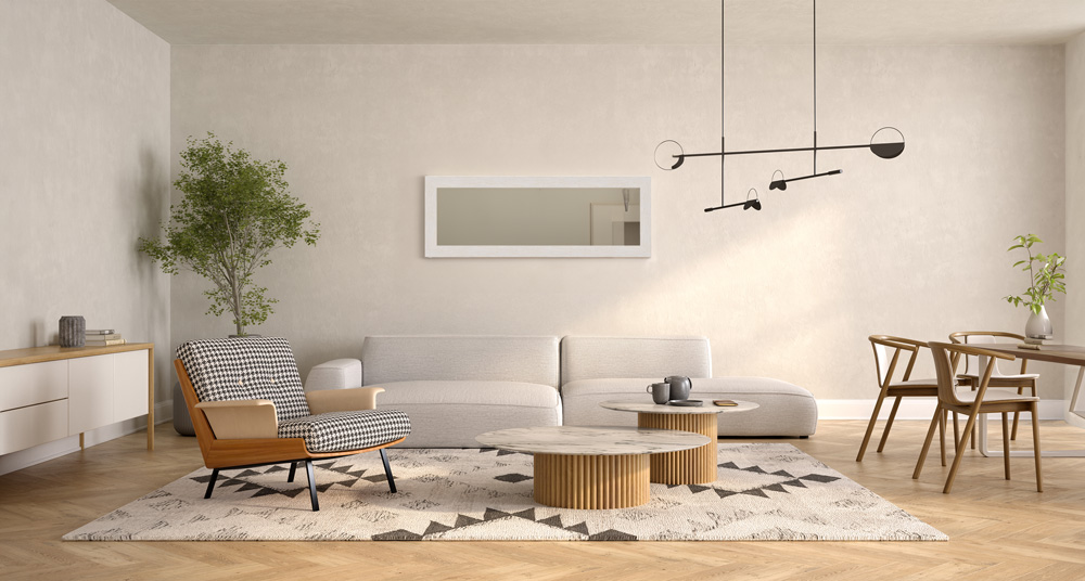 Modernes Wohnzimmer Modernes Wohnzimmer mit einer großen Couch und Wandspiegel