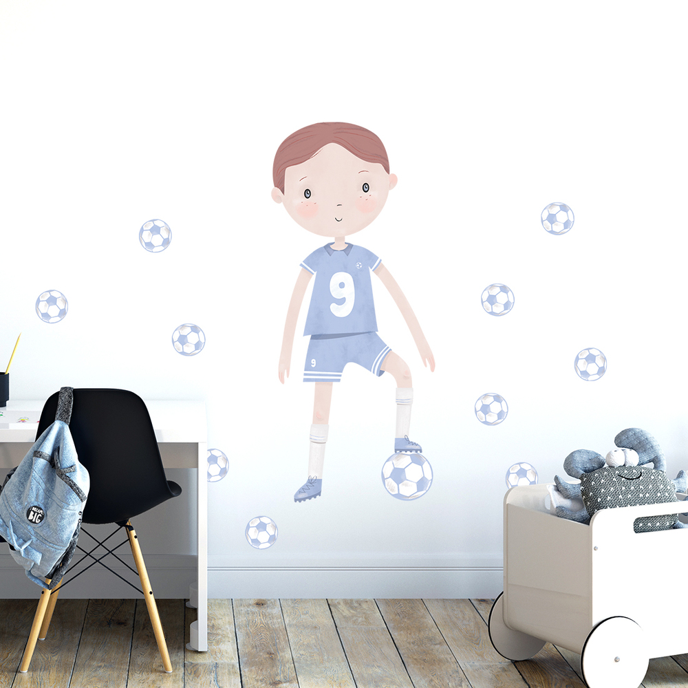 blauer Fußballspieler Wandtattoo an Kinderzimmerwand