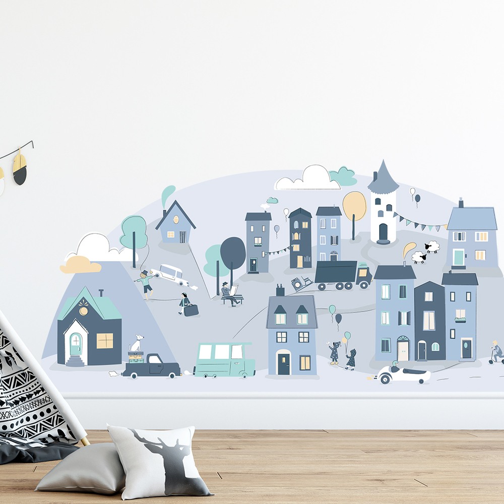 Wand dekoriert mit blauem Kleinstadt Wandsticker