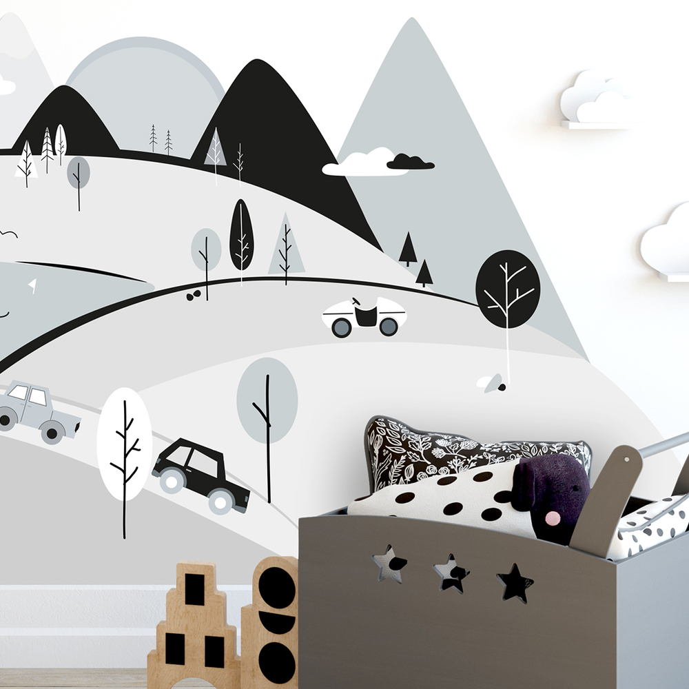 graue Berge Wandtattoo an Kinderzimmerwand