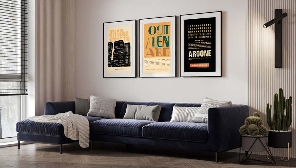 3 Poster im Wohnzimmer 3 Poster hängen über einer Couch in einem Wohnzimmer