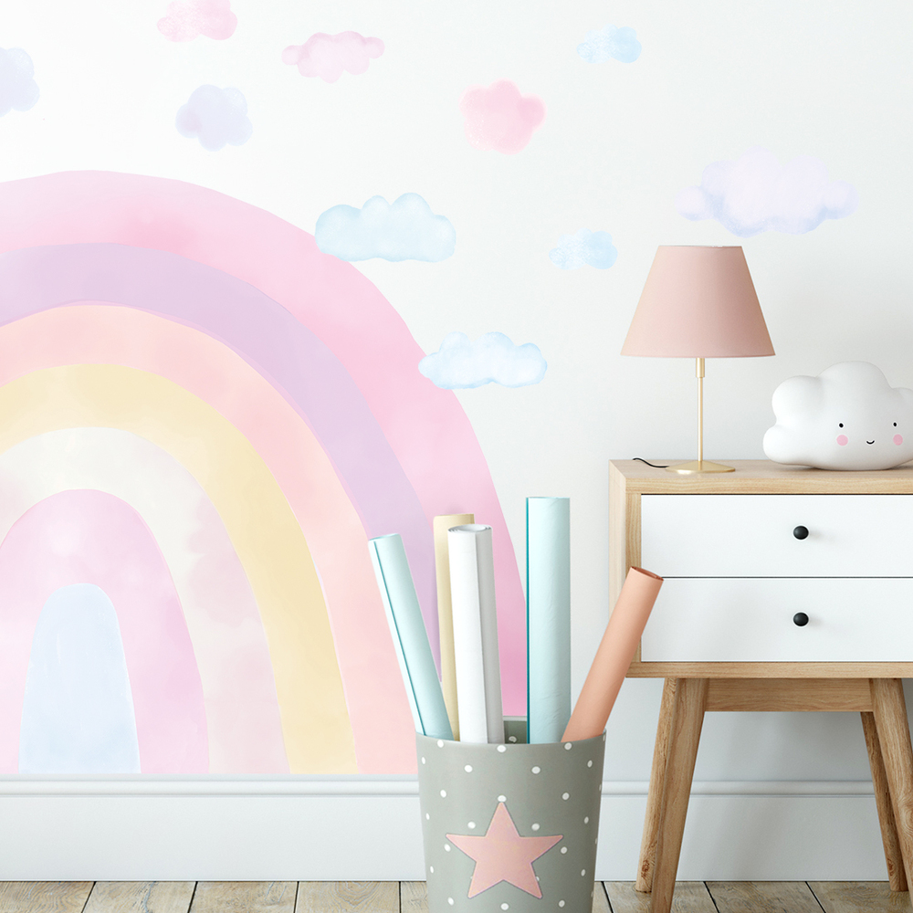 Wand dekoriert mit pinkem Regenbogen Wandsticker